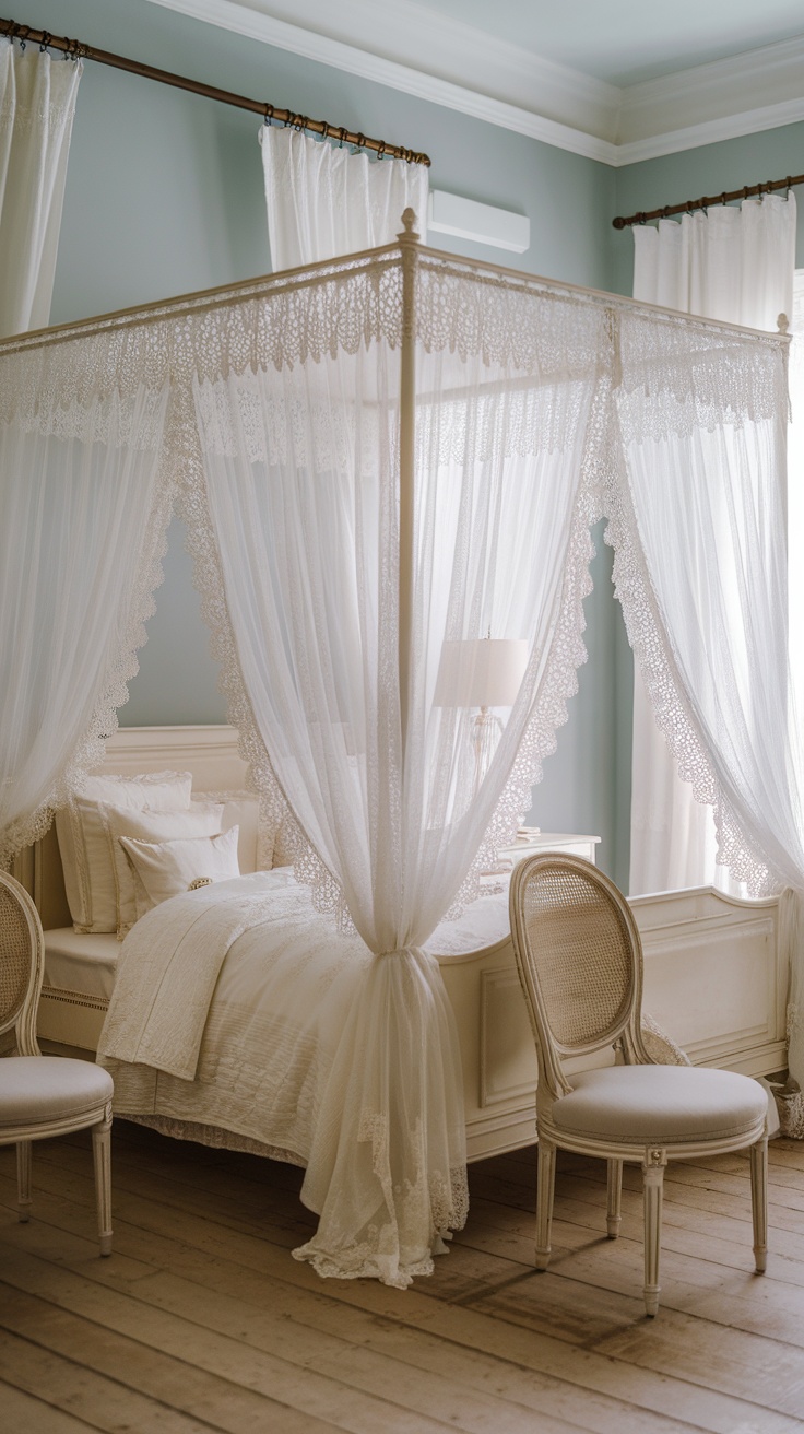 A charming bedroom featuring a white lace canopy bed, soft bedding, and elegant decor.