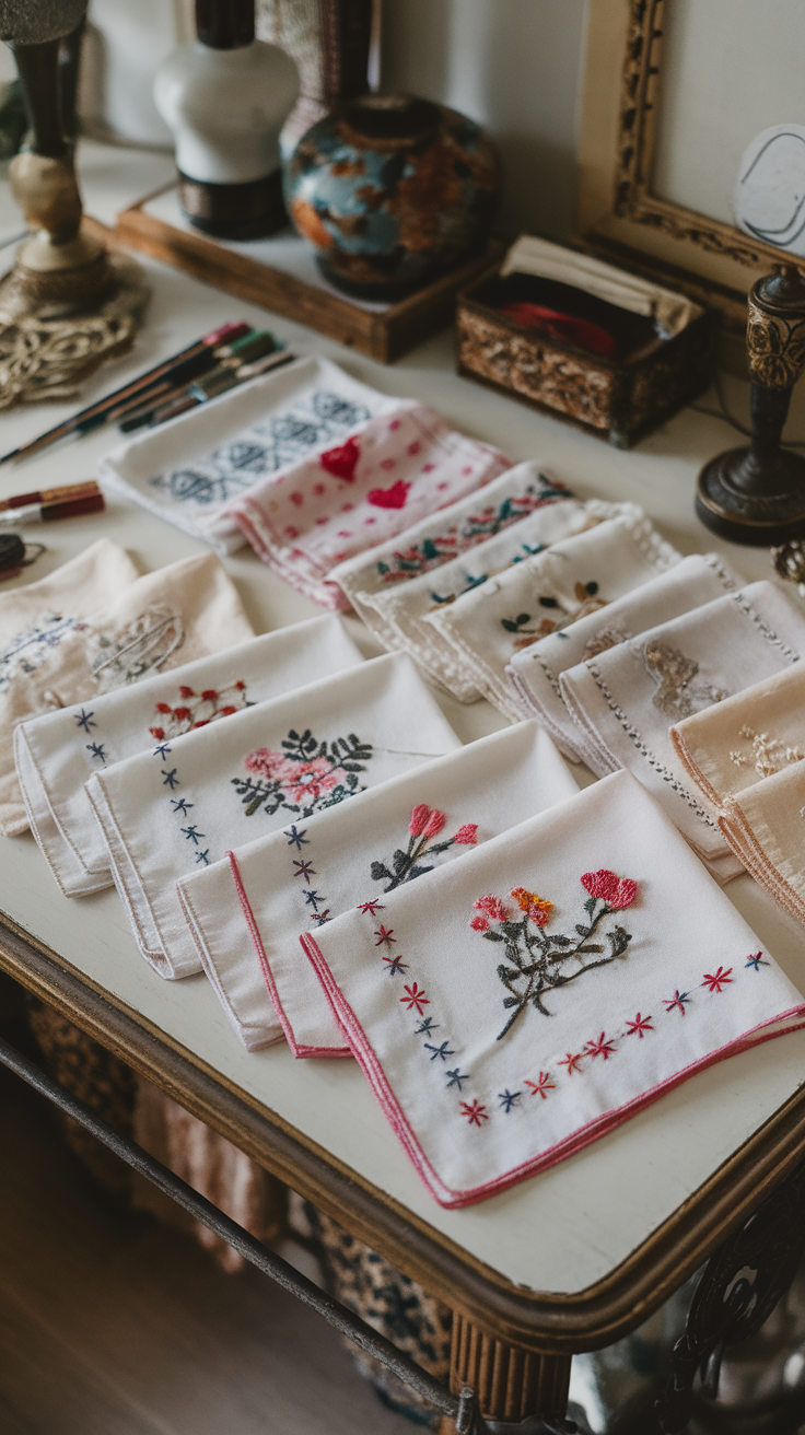 A collection of beautifully embroidered handkerchiefs displayed on a table.