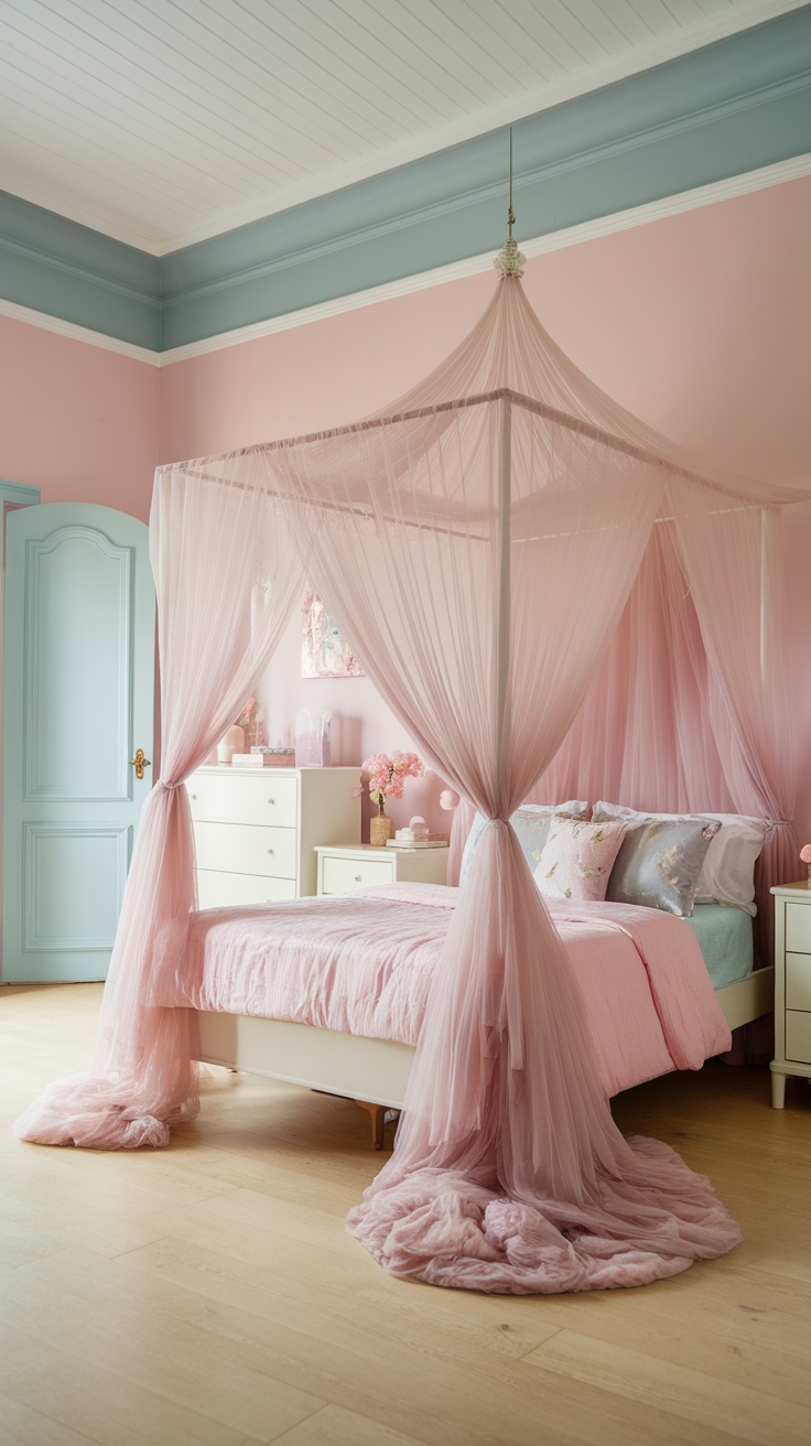 A romantic canopy bed with draped pink tulle in a softly colored bedroom