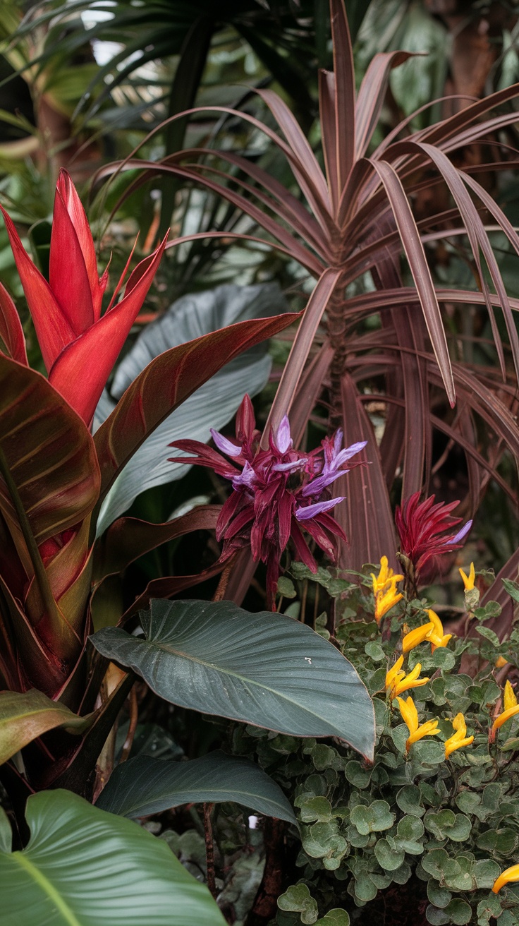 A vibrant tropical garden featuring red bromeliads, purple flowers, and lush green foliage.