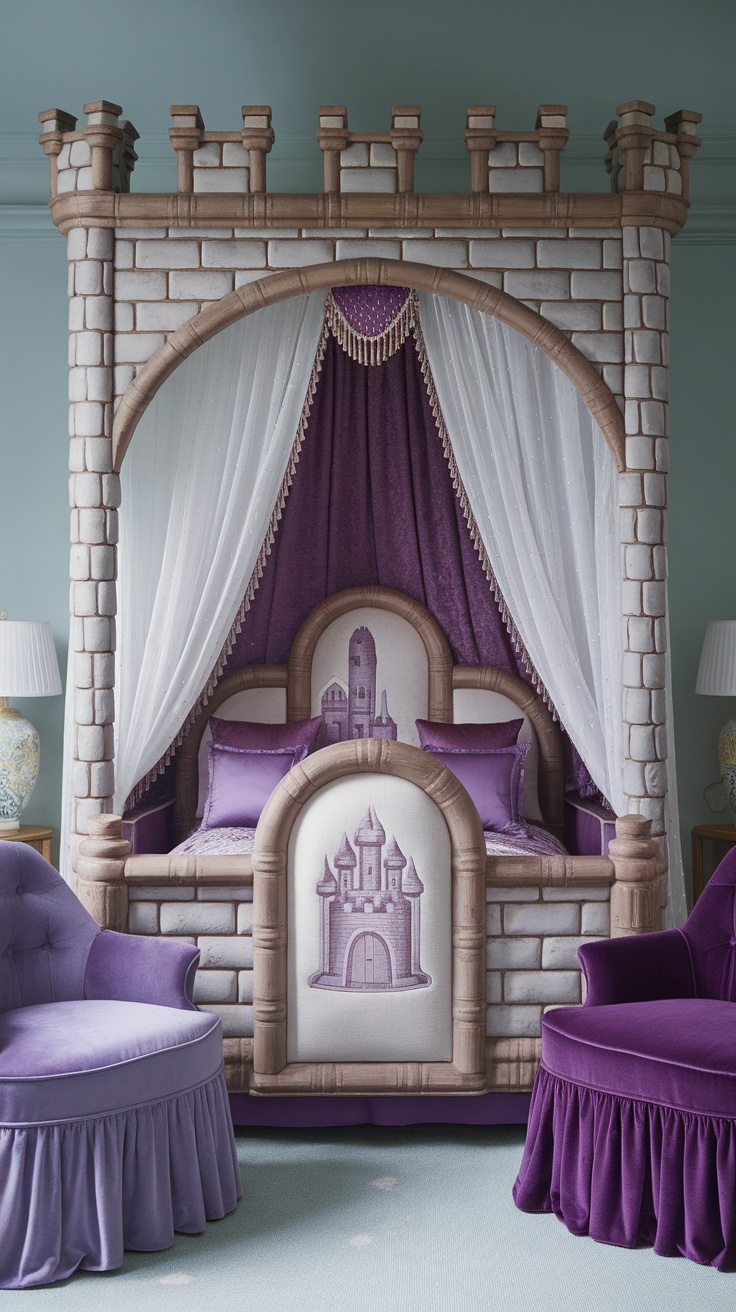 A whimsical canopy bed designed like a castle with purple curtains and cushions.