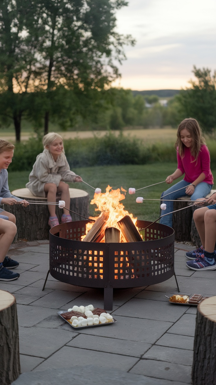 Children roasting marshmallows around a fire pit in a backyard setting.