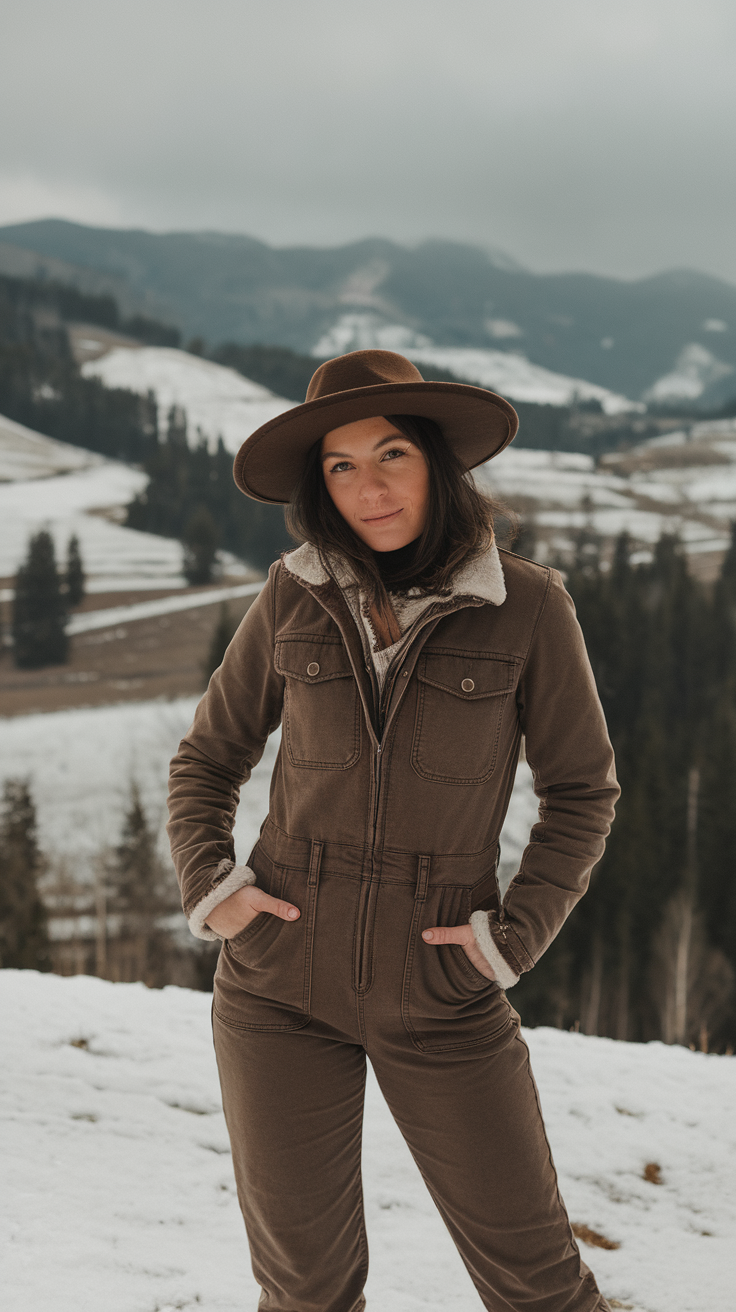 A woman in a brown winter jumpsuit and hat, standing in a snowy mountain landscape.