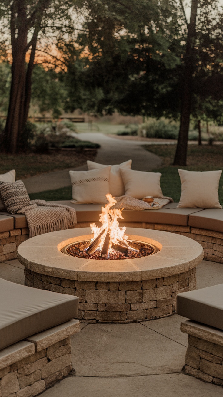 A cozy fire pit table surrounded by comfortable seating in a backyard setting.