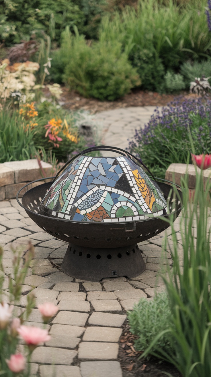 A unique mosaic fire pit surrounded by greenery and flowers on a stone patio.