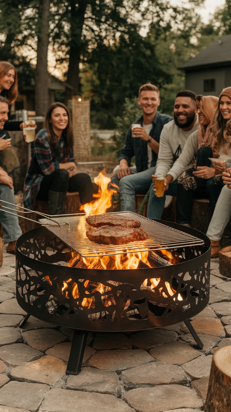 Group of friends enjoying a fire pit with a built-in grill cooking meat