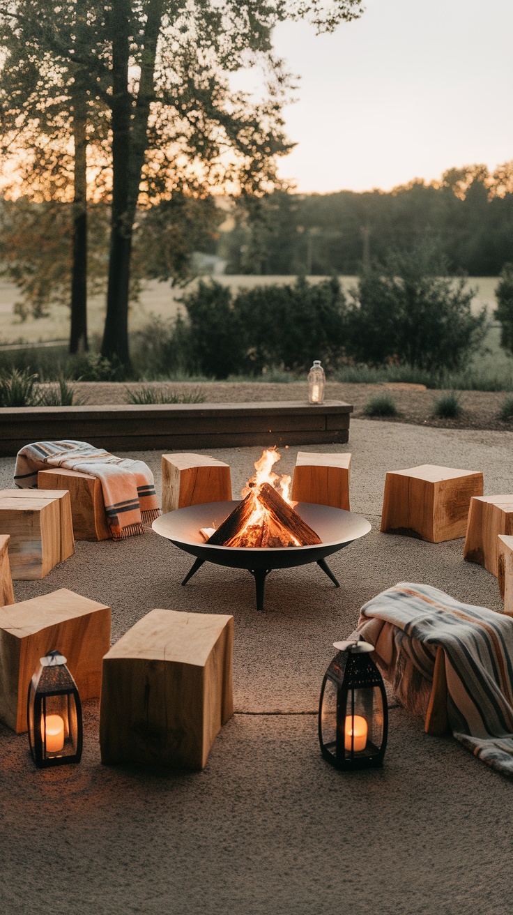 Cozy fire pit area with wooden seating and warm lighting