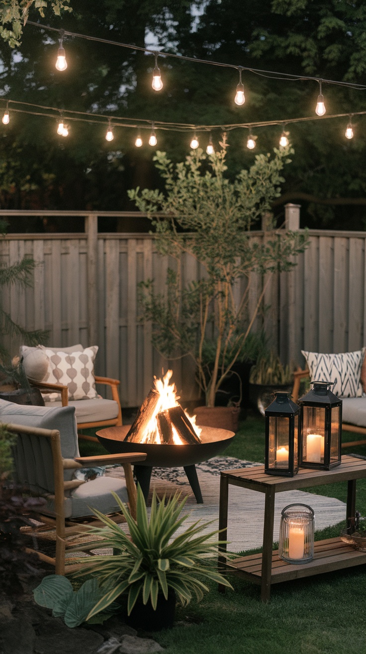 Cozy backyard with a fire pit and hanging string lights