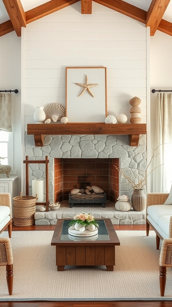 Cozy fireplace with stone surround and beach-themed decor
