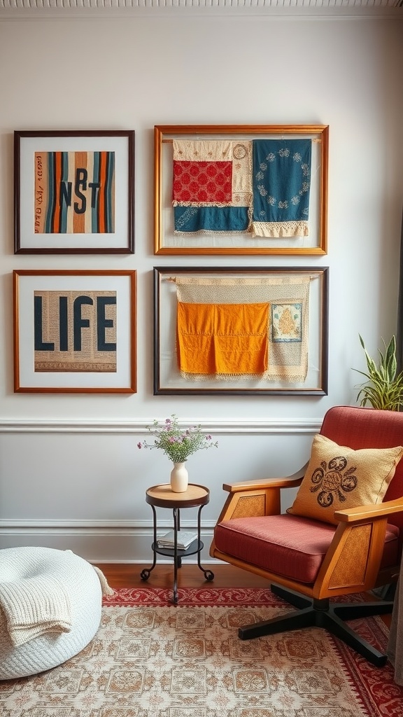 A wall featuring framed vintage fabrics and textiles arranged in a stylish manner.