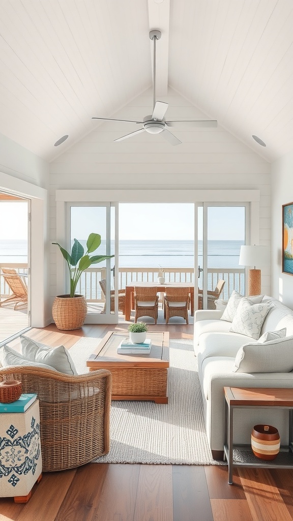 A bright coastal living room with large windows, natural wood furniture, and a view of the ocean.
