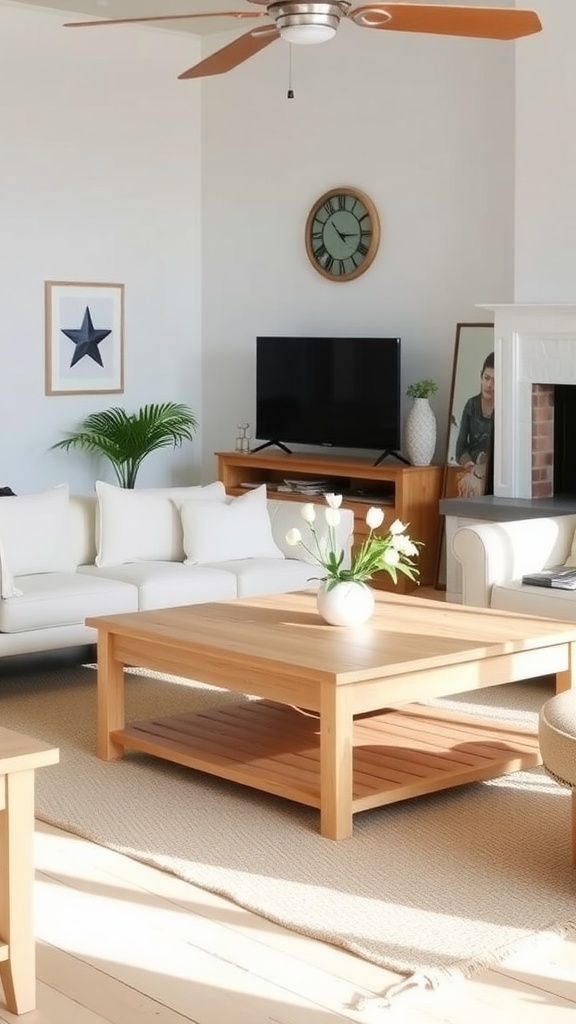 A bright coastal living room with light furniture finishes, including white sofas and a light wood coffee table.
