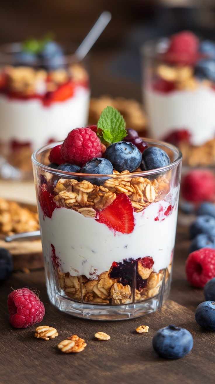 A delicious Greek yogurt parfait with layers of berries and granola.