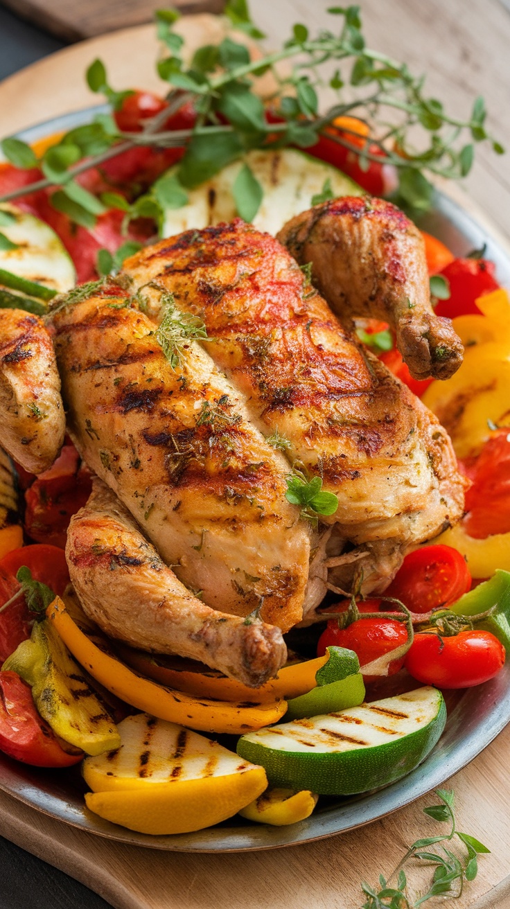 A platter of grilled lemon herb chicken surrounded by colorful grilled vegetables.