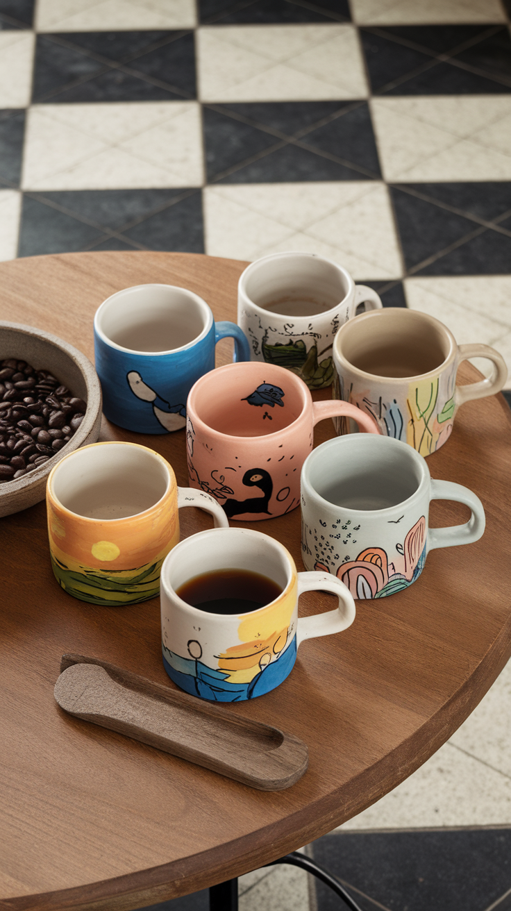 A collection of colorful hand-painted mugs on a wooden table with coffee beans.