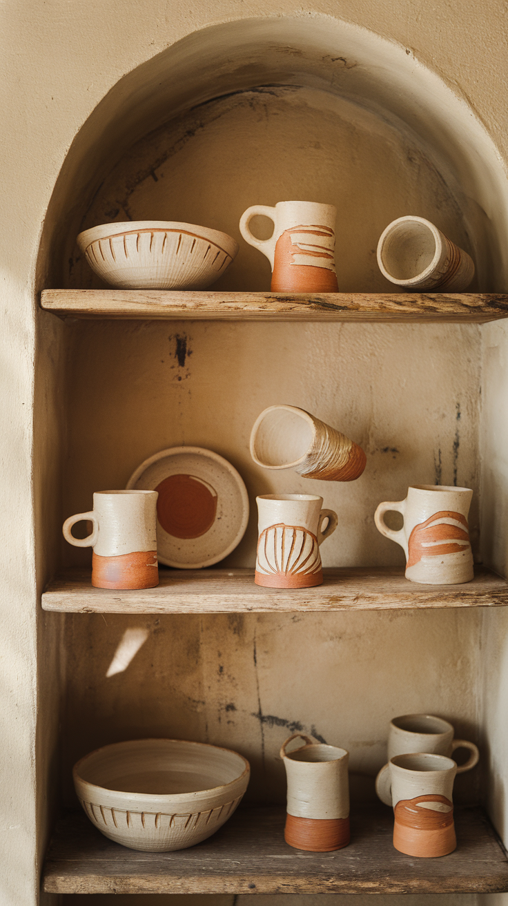 A display of handcrafted pottery on wooden shelves, featuring various bowls and mugs with unique designs.