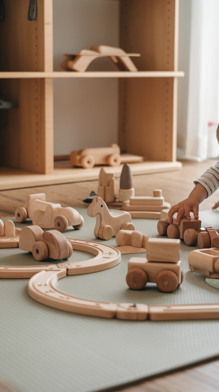 A collection of handcrafted wooden toys arranged on a play mat, with a child reaching for them.