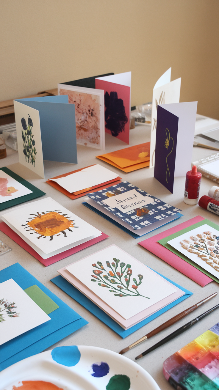 A collection of colorful handmade greeting cards displayed on a table with paint and brushes.