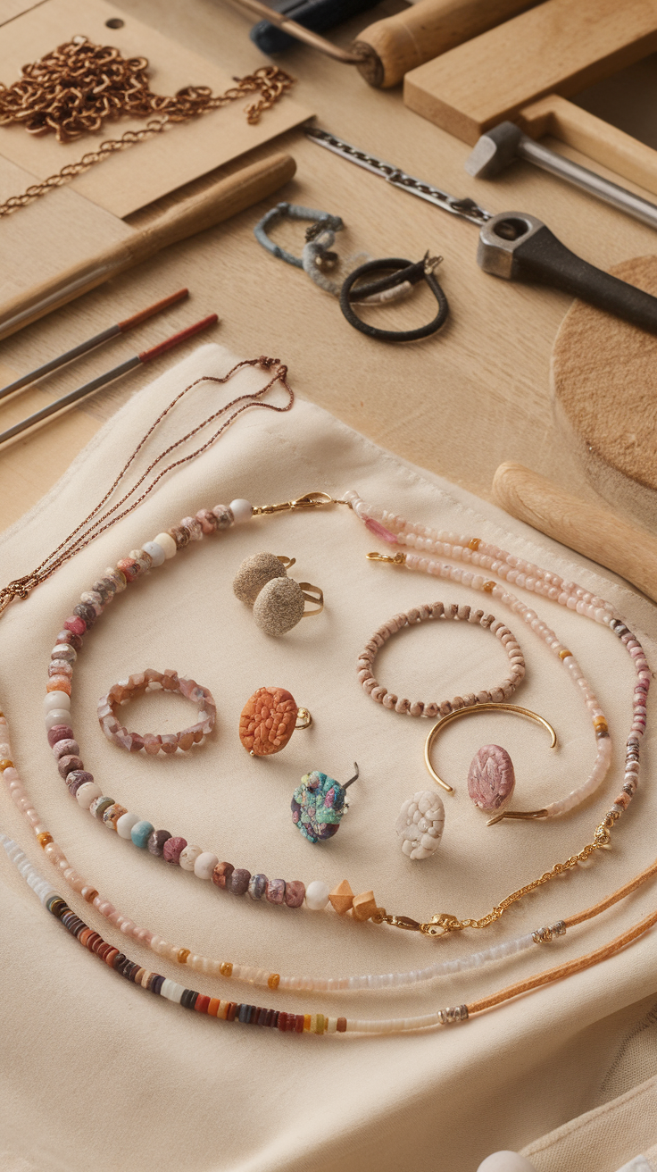 An assortment of handmade jewelry pieces displayed on a soft fabric surface.