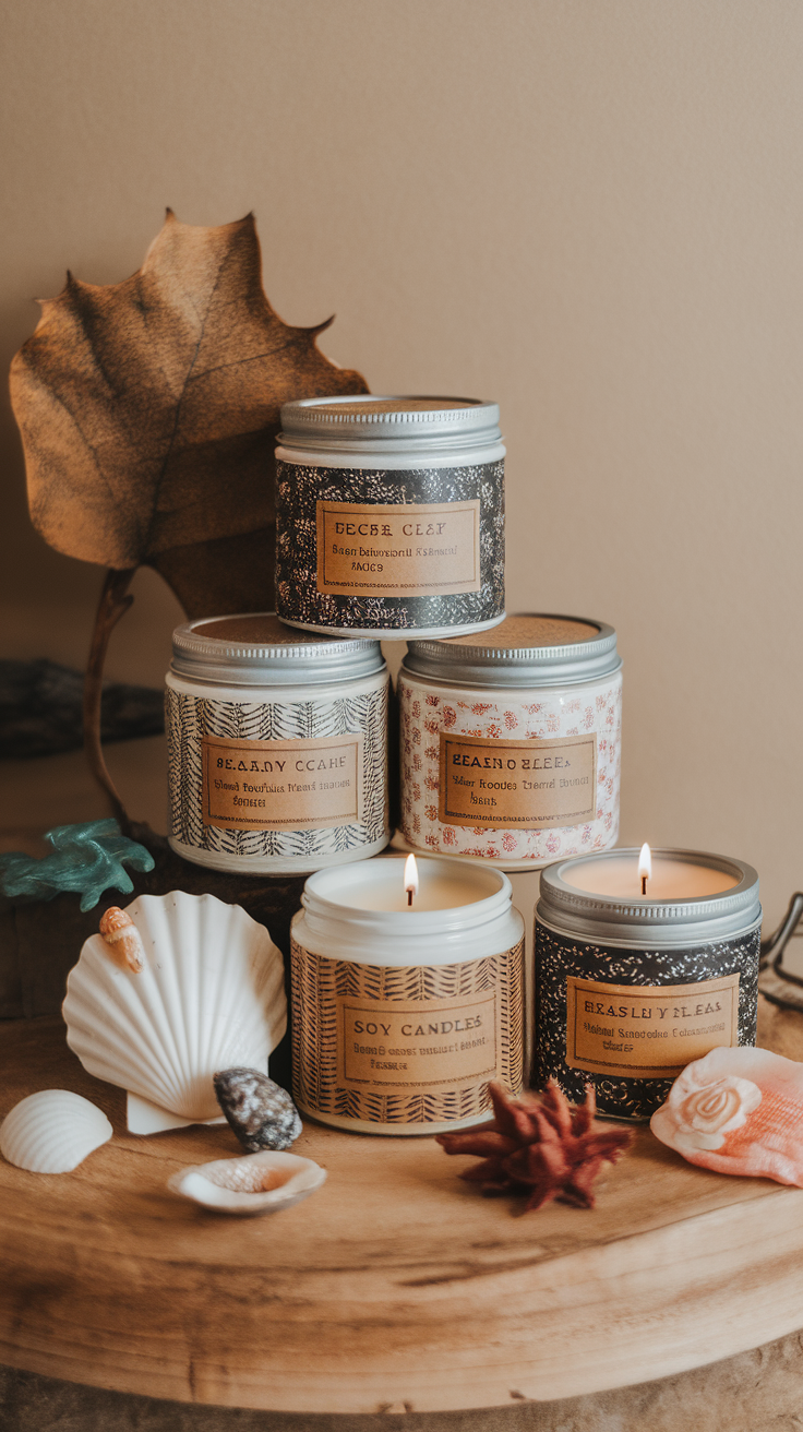 A collection of beautifully designed handmade soy candles on a wooden surface with decorative seashells.