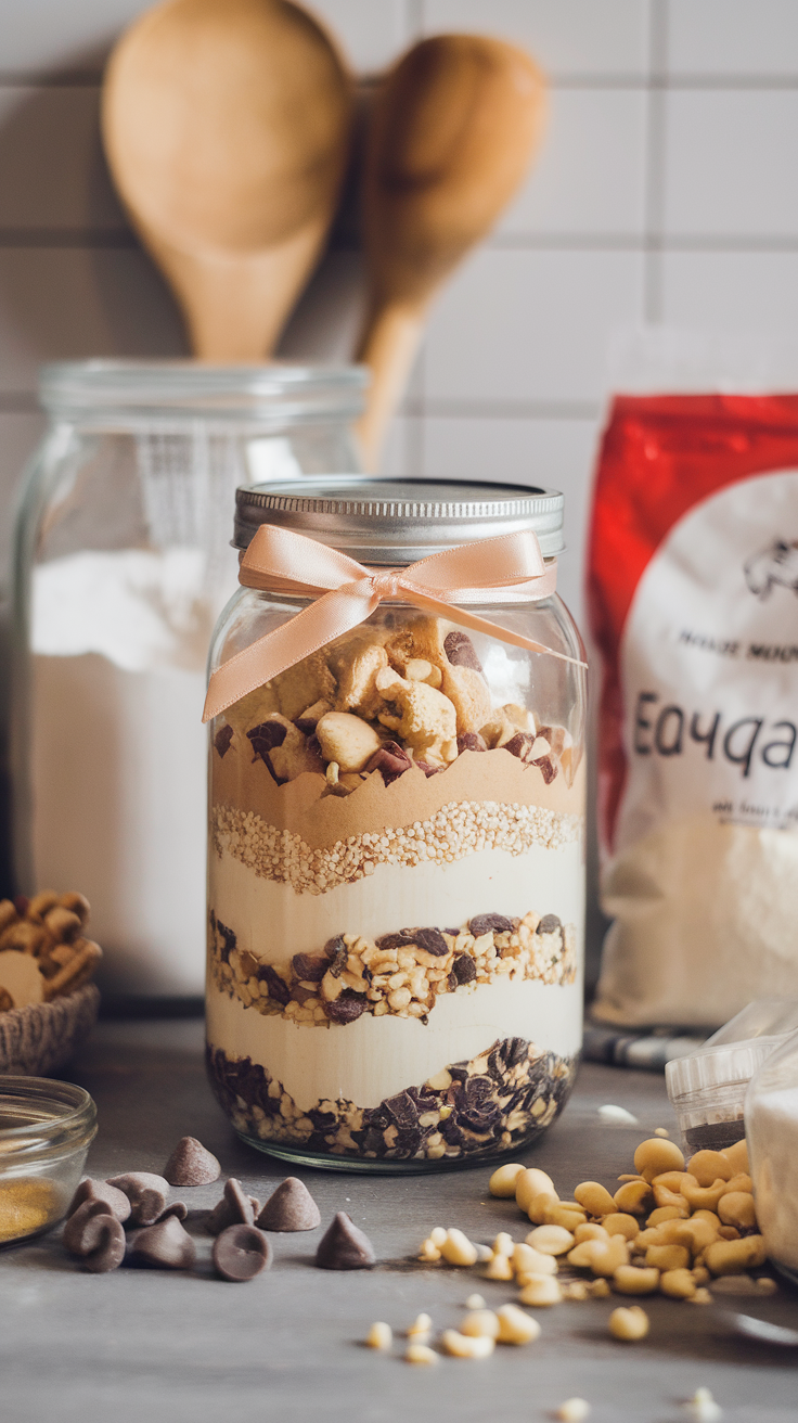 A visually appealing jar filled with layered cookie mix ingredients, topped with a ribbon, set in a cozy kitchen.