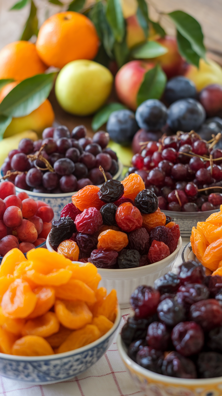 Bowl of assorted homemade dried fruits including apricots, grapes, and cherries.