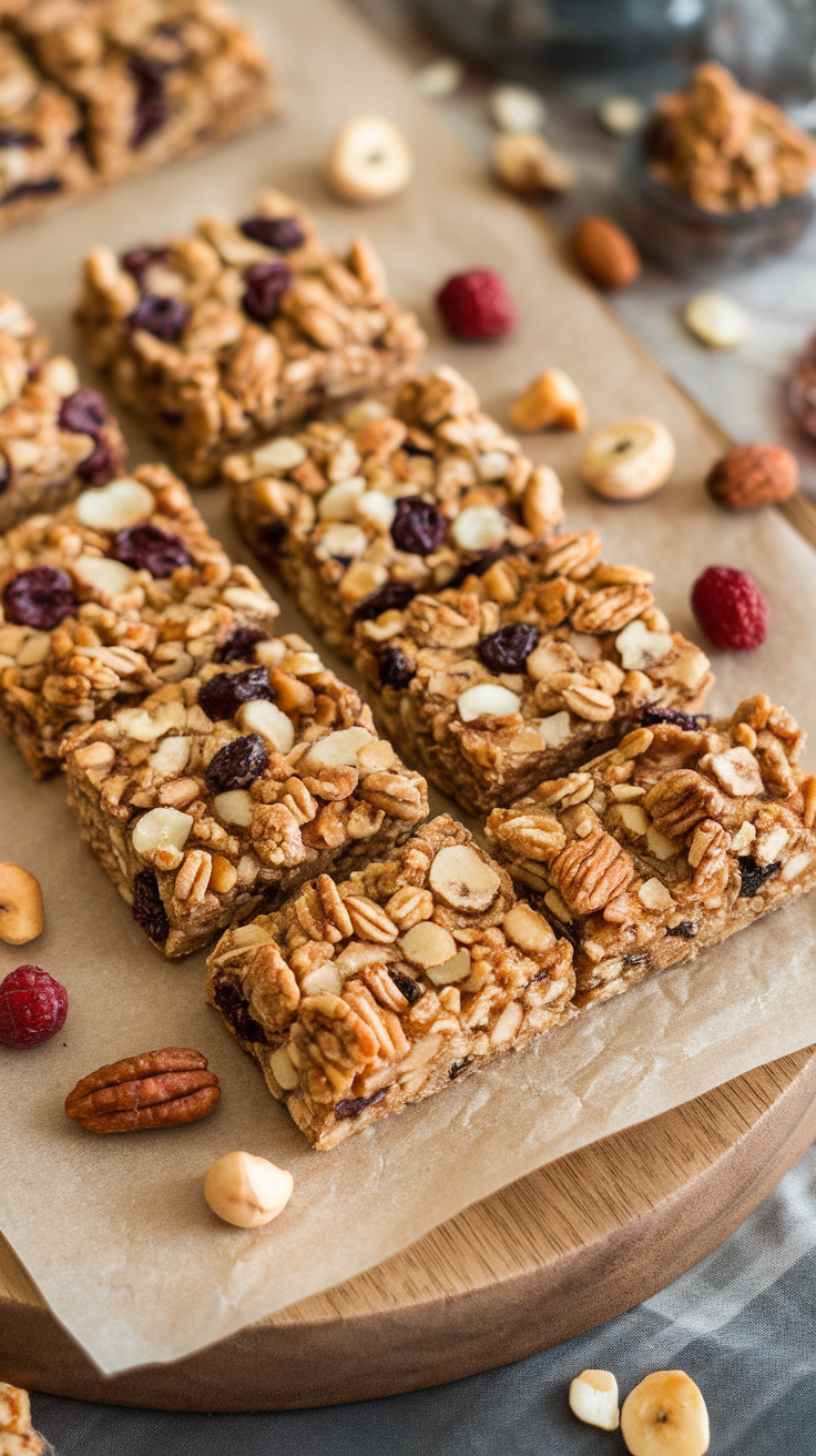 Homemade granola bars with nuts and dried fruits on a wooden board.