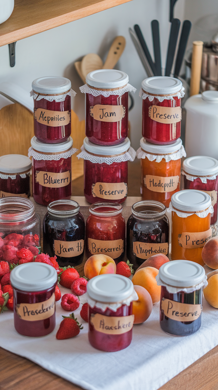 A display of various homemade jams and preserves in jars, labeled with handwritten tags.