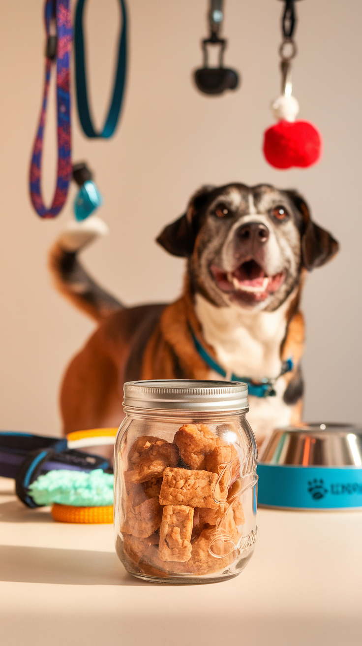 A jar of homemade pet treats with a happy dog in the background, surrounded by pet accessories.