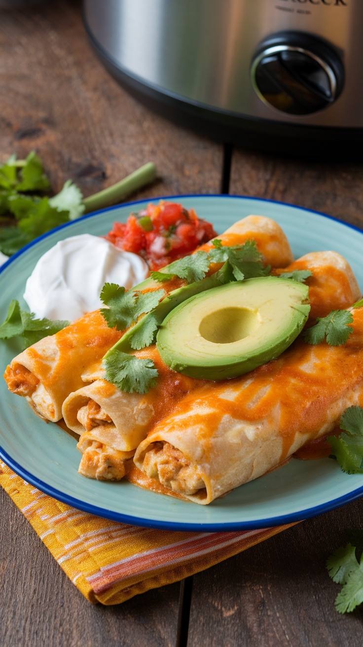 Chicken enchiladas with avocado, salsa, and sour cream on a plate