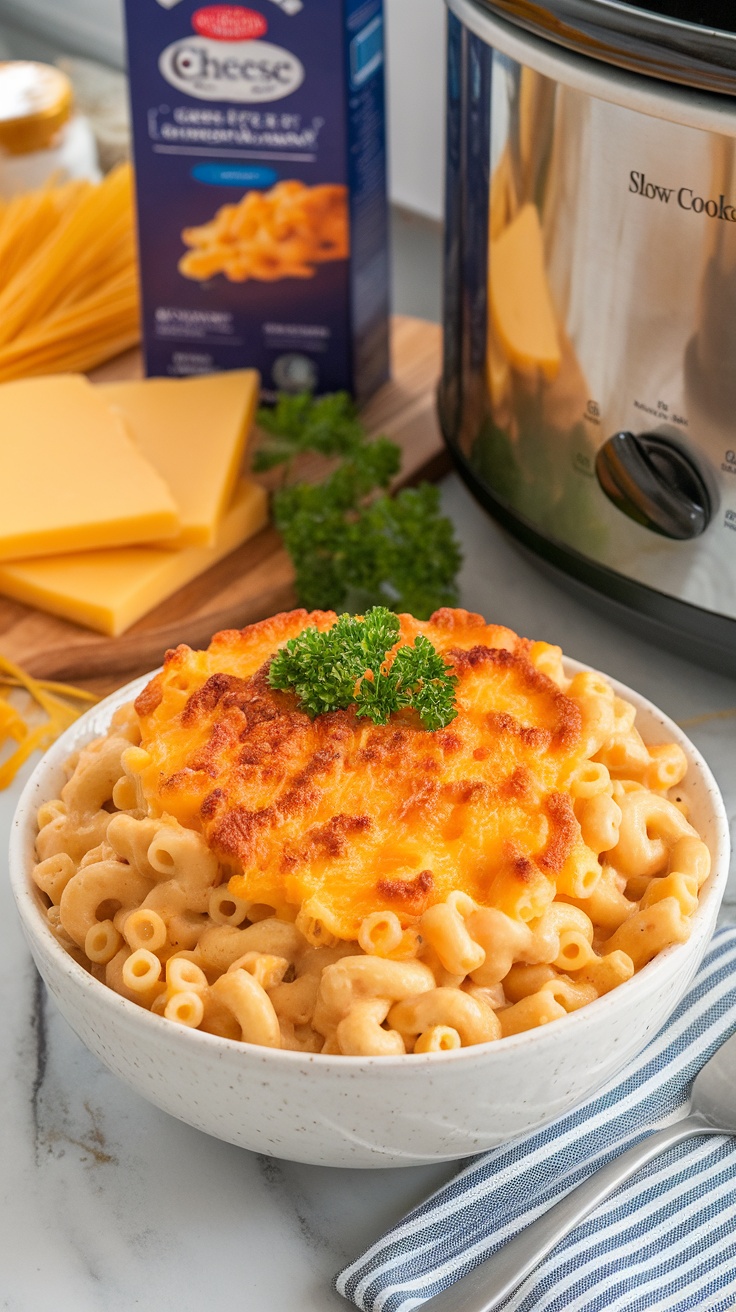 A bowl of creamy macaroni and cheese topped with melted cheese and parsley, next to a slow cooker.