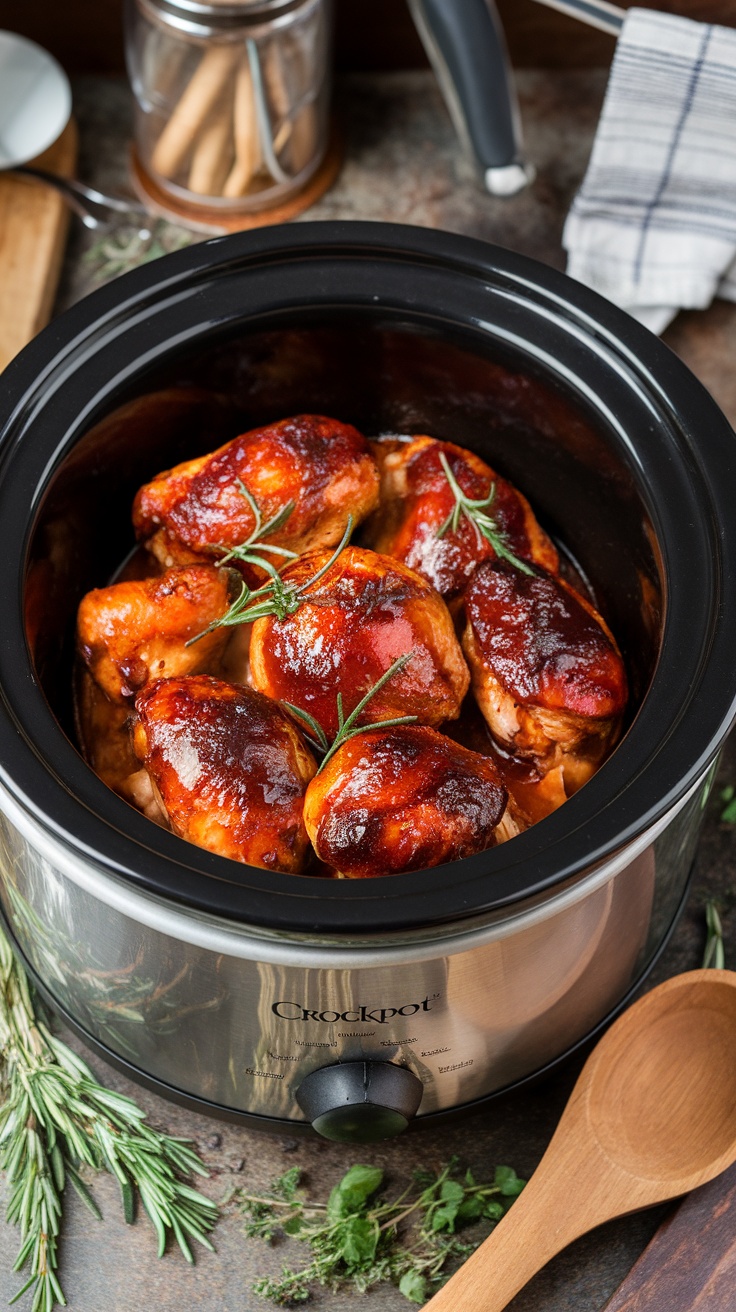 Crockpot with BBQ chicken and herbs