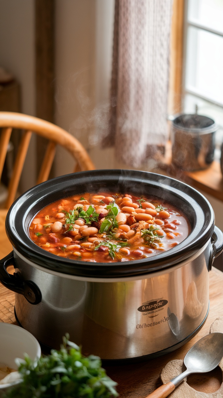 A steaming pot of 15 bean soup in a crockpot, garnished with fresh herbs.