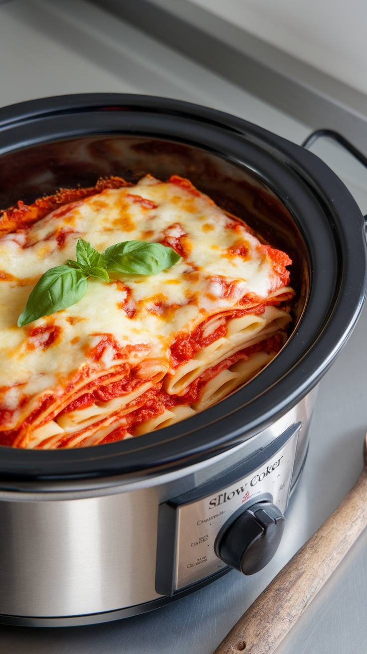 A slow cooker filled with cheesy lasagna topped with fresh basil