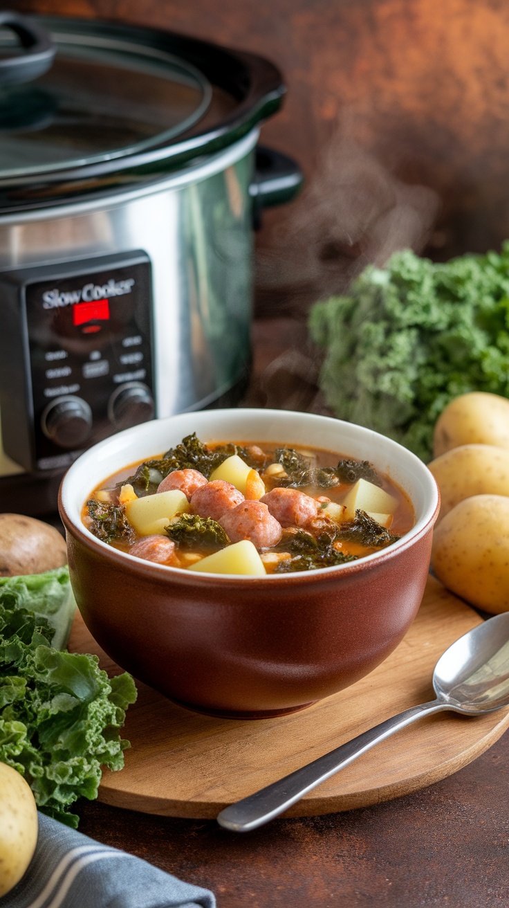 A bowl of Zuppa Toscana soup next to a slow cooker and fresh ingredients.