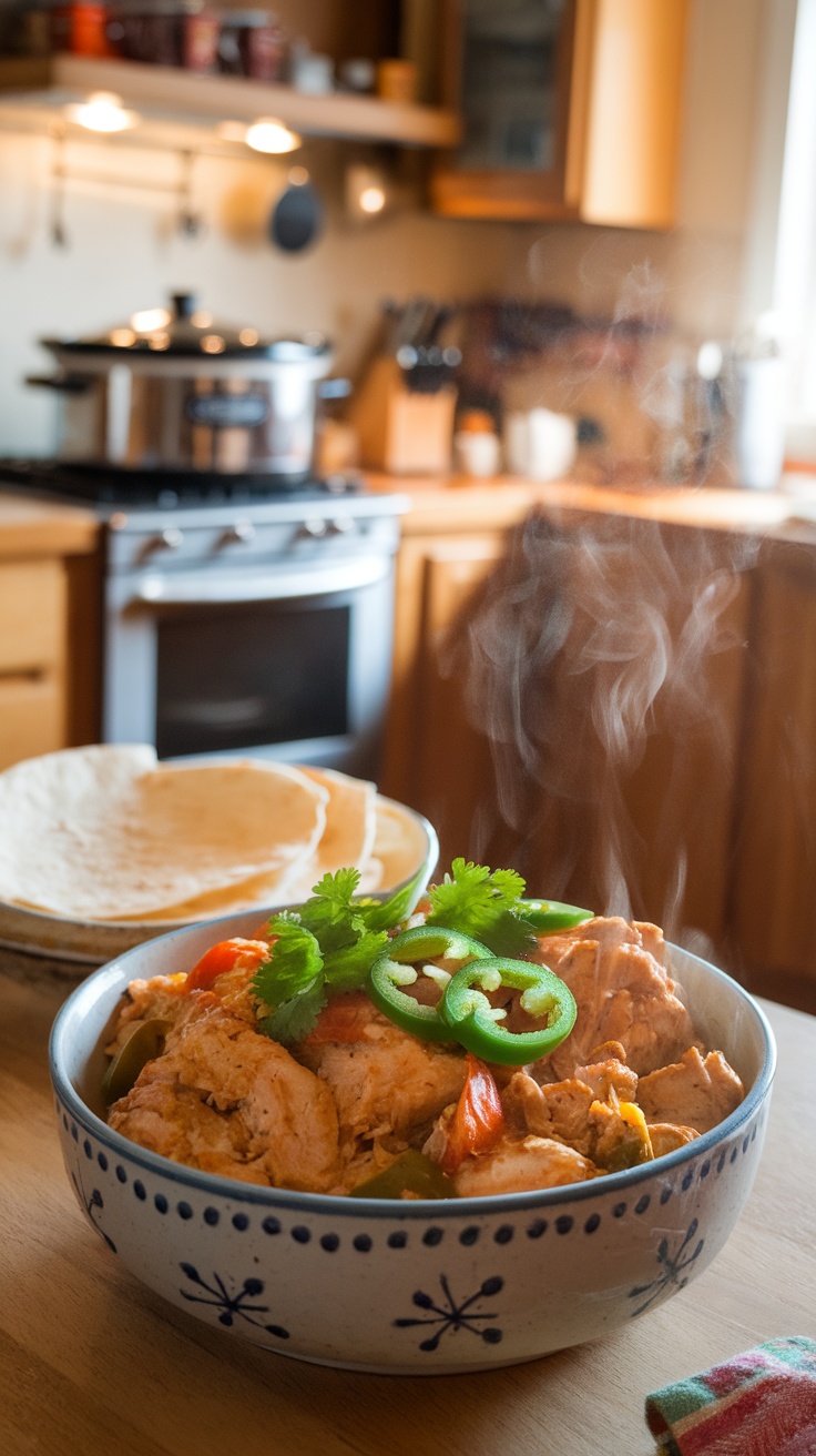 A bowl of spicy jalapeno chicken garnished with cilantro and jalapenos, served with tortillas in the background.