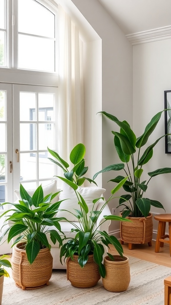 Coastal living room with large windows, various indoor plants, and a cozy seating area.