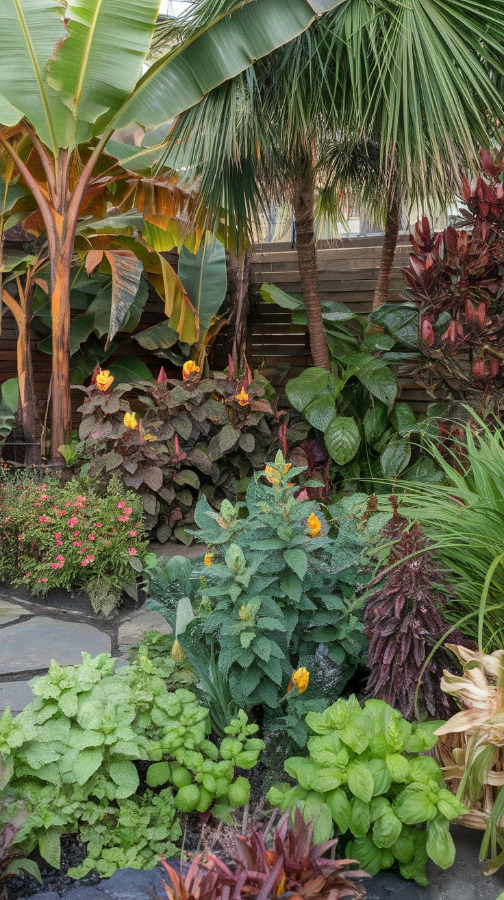 A tropical garden featuring various edible plants including herbs and colorful foliage.