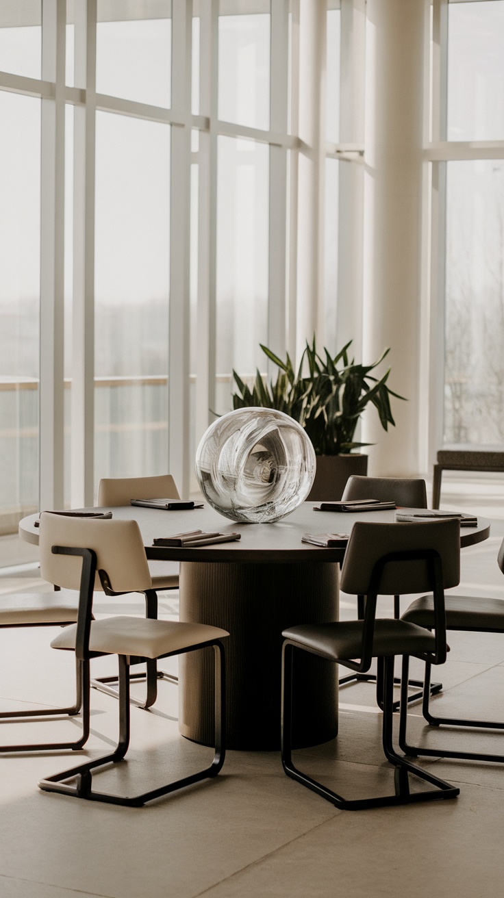 A modern dining table set with a unique glass sculpture in the center.