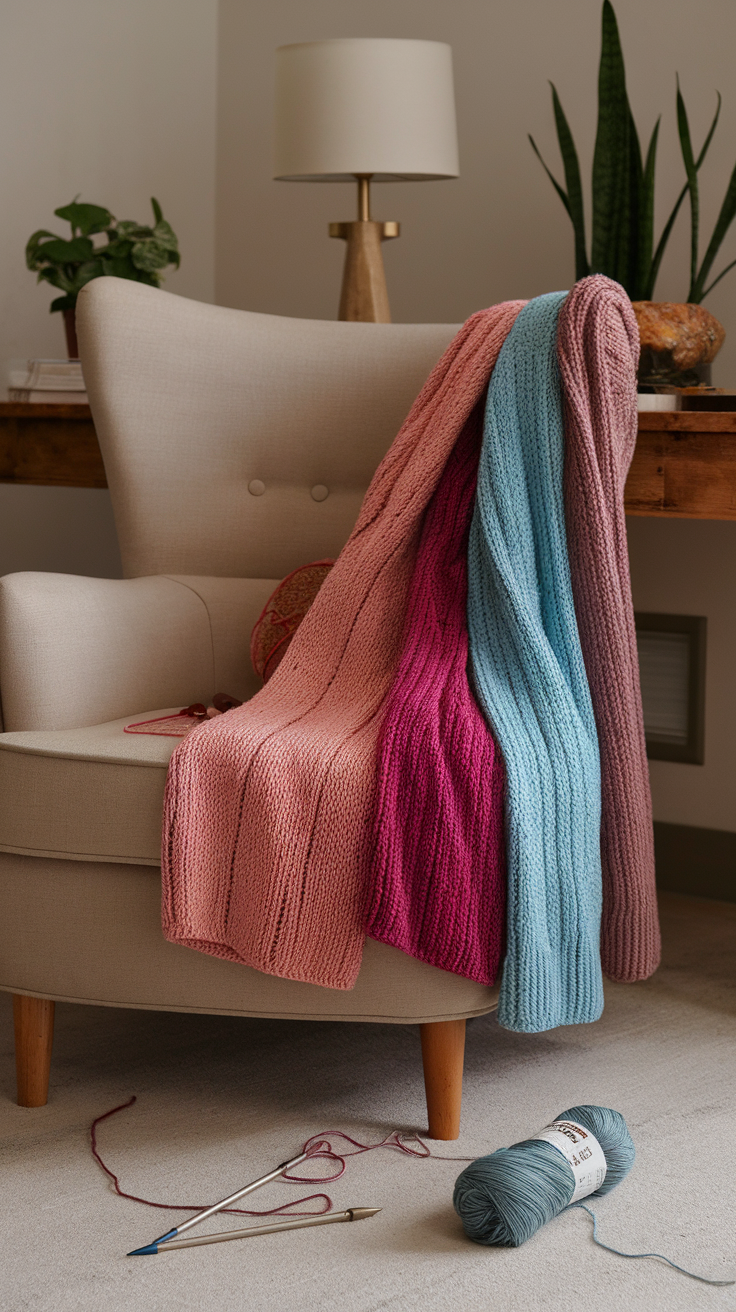 A cozy knitted scarf draped over a chair, showcasing various colors.