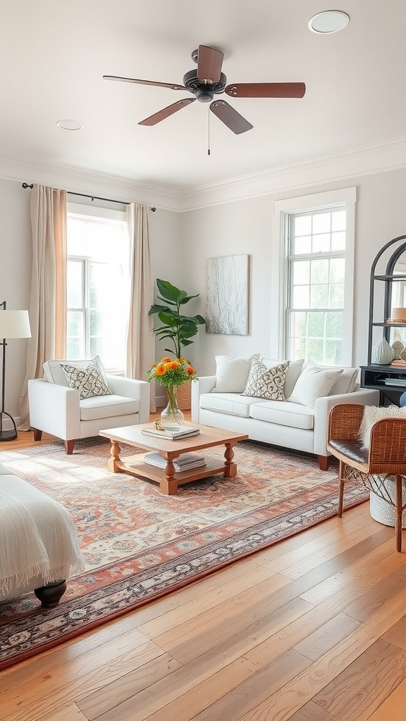 Coastal living room featuring layered rugs, light wood flooring, and white furniture.