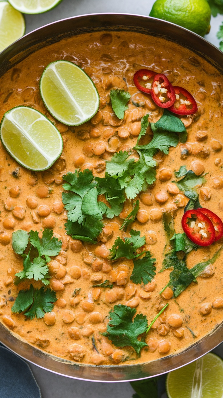 A bowl of lentil coconut curry garnished with lime slices, cilantro, and red chili slices