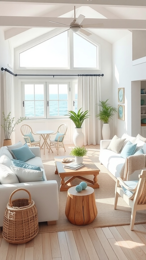 A bright coastal living room featuring large windows with ocean views, light furniture, and soft blue accents.