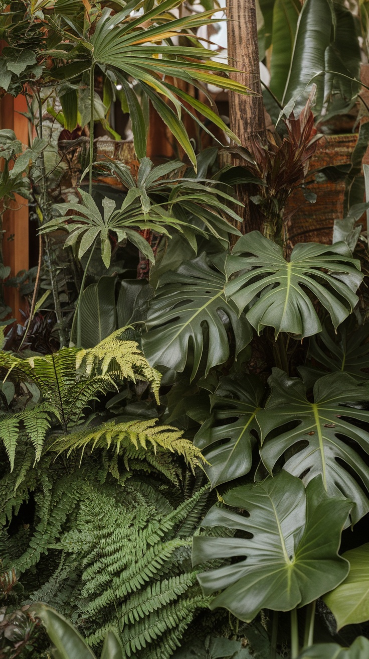 A close-up of various tropical plants showcasing lush green foliage.