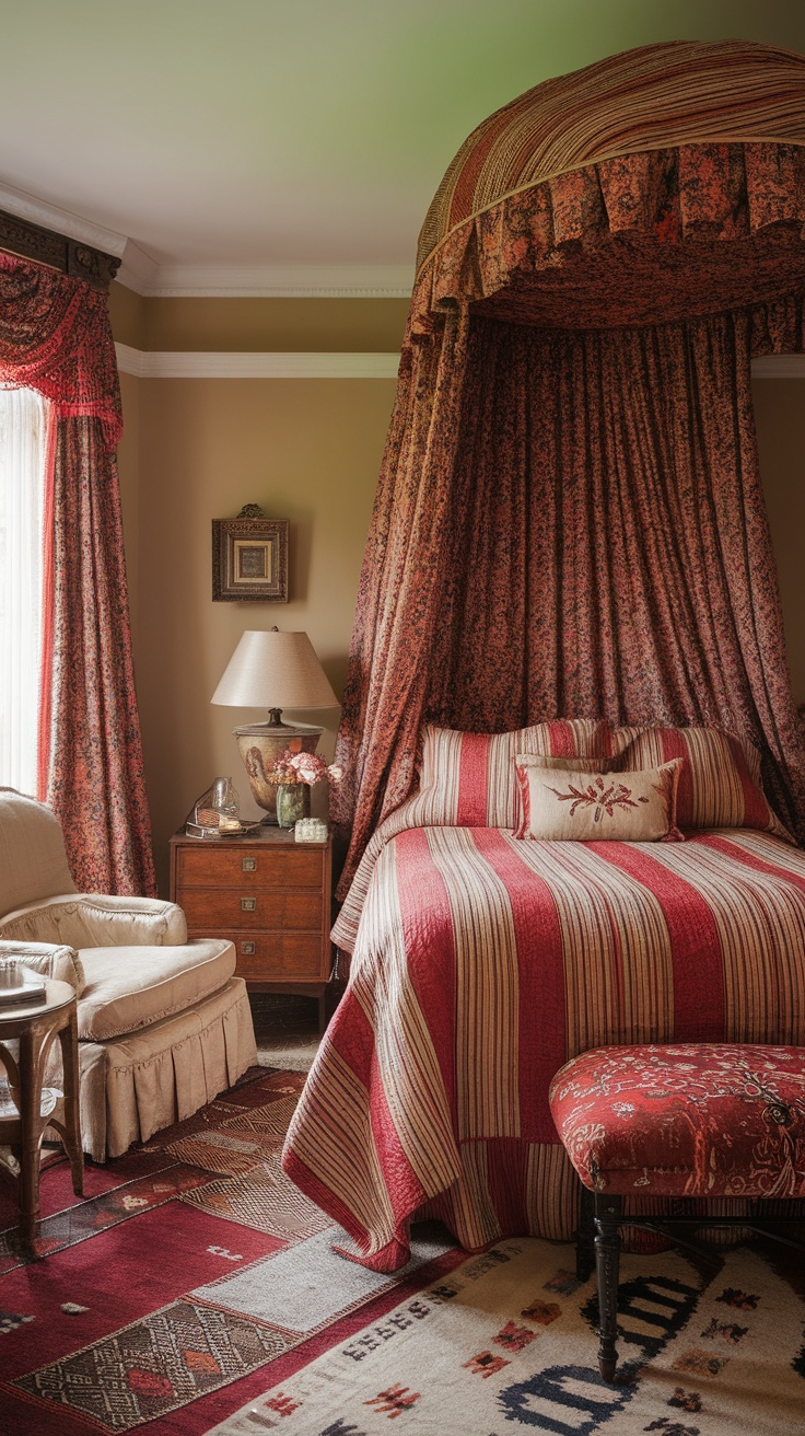 A vintage bedroom with rich textiles, featuring a canopied bed, patterned bedding, and decorative curtains.