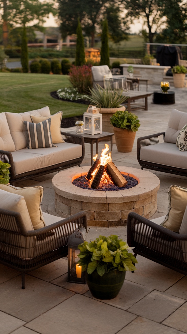 An inviting outdoor fire pit surrounded by comfortable sofas and greenery.