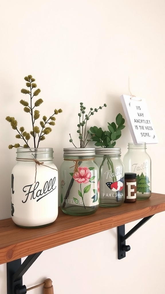 Decorated mason jars on a wooden shelf with plants and a decorative sign.