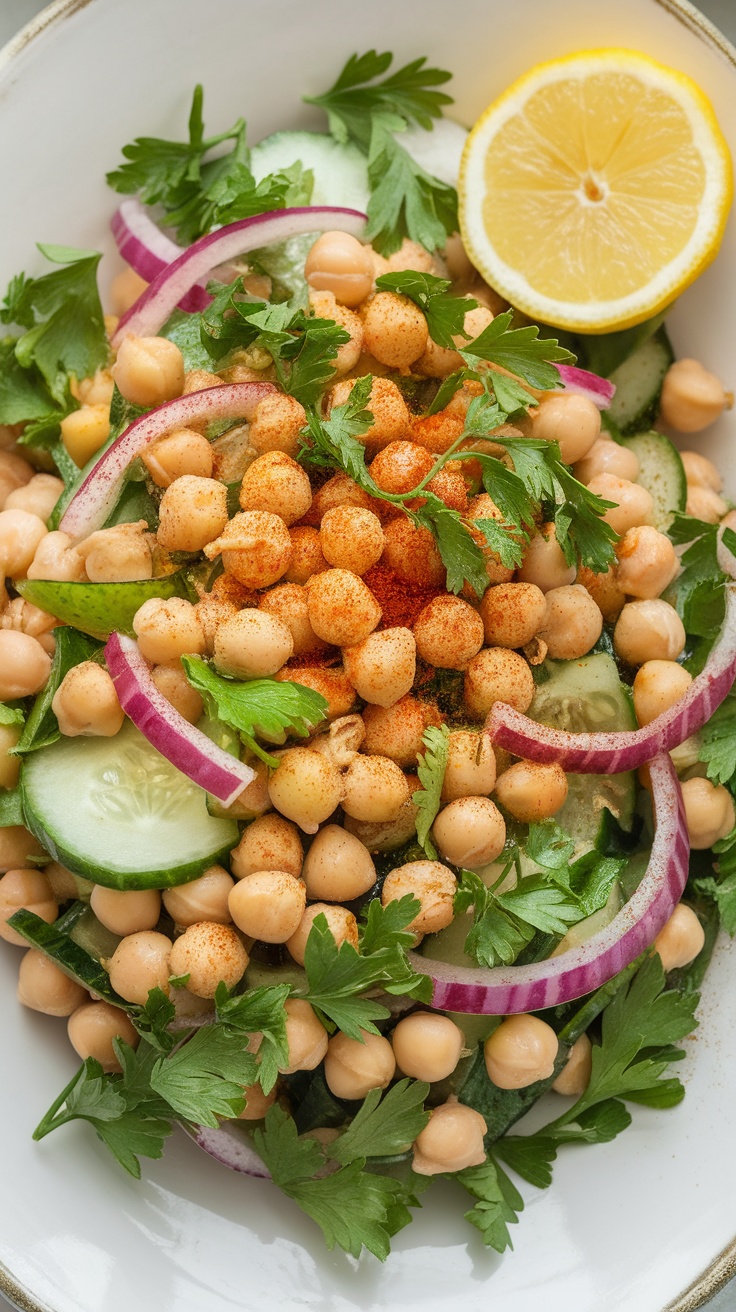 A vibrant Mediterranean chickpea salad with cucumbers, red onions, parsley, and lemon slices.