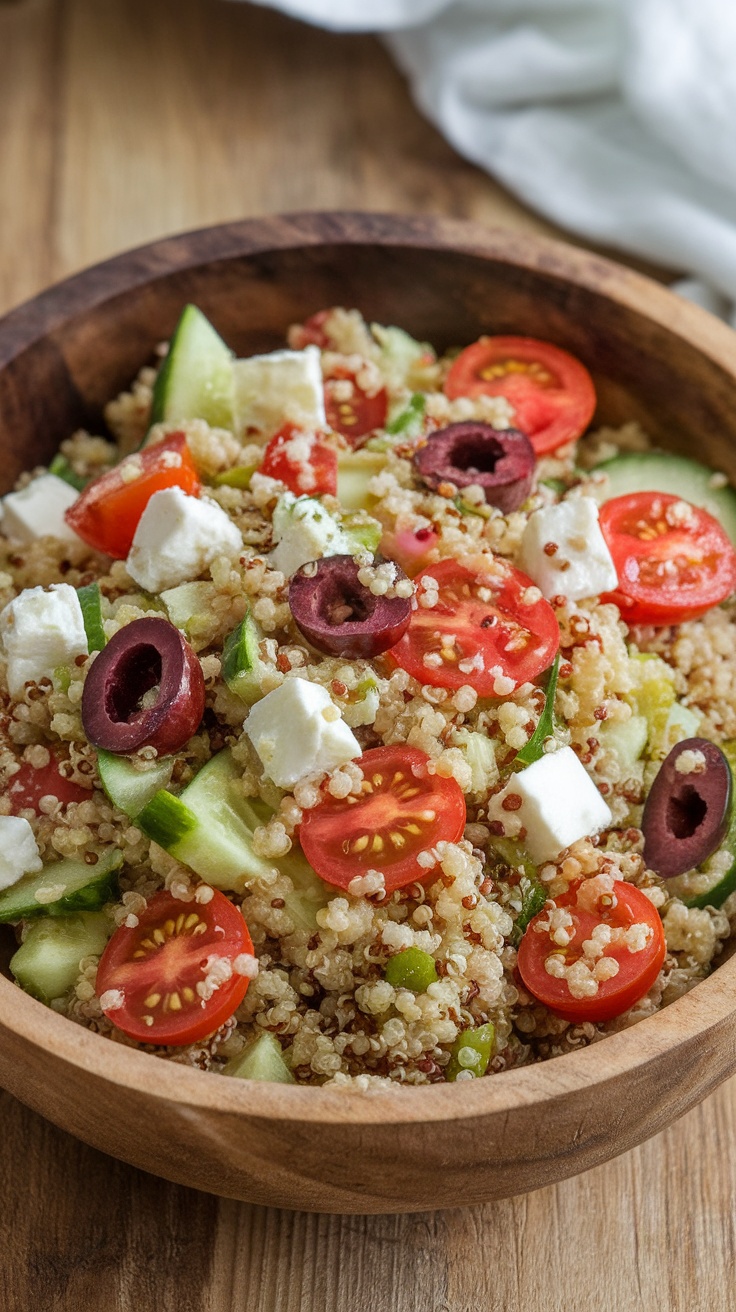 A wooden bowl filled with Mediterranean quinoa salad, featuring quinoa, chopped cucumbers, cherry tomatoes, black olives, and feta cheese.