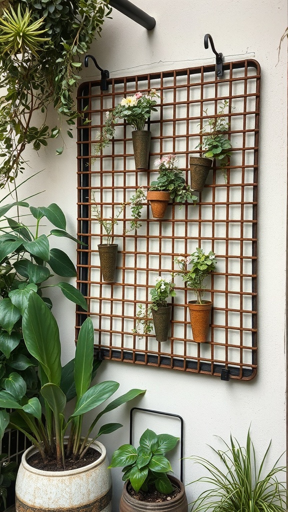 A vintage metal grate wall art display with potted plants.